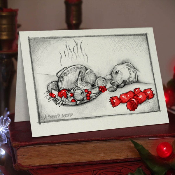 Dog and Turkey - Large Christmas Card (A6) Beautifully drawn print on off-white quality card stock. FREE P&P for UK card orders.