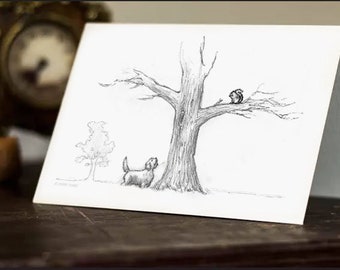 Petite Basset Griffon Vendeen Squirrel Greeting Card -  Beautifully drawn print - quality stock. FREE P&P for UK - FREE Personal Message