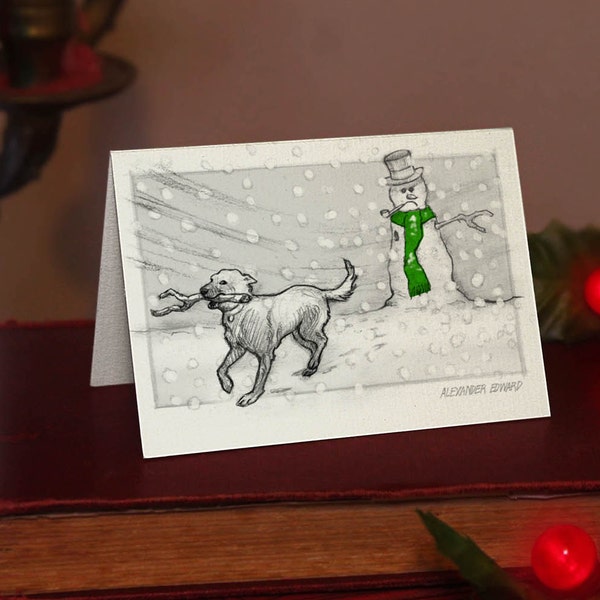 Dog and Snowman - Small Christmas Card (A7) Beautifully drawn print on off-white quality card stock. FREE P&P for UK card orders.