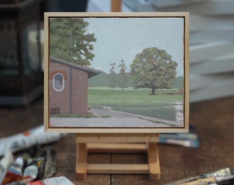 St Albans, Public toilet, lake and tree in park, ORIGINAL Oil Painting, FRAMED