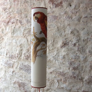 Table lamp with natural history engraving of scarlet macaw parrot.