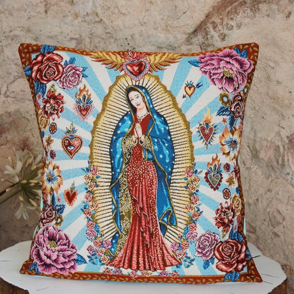 Coussin décoratif Jacquard français et lin lavé bleu ciel Santa Guadalupe.