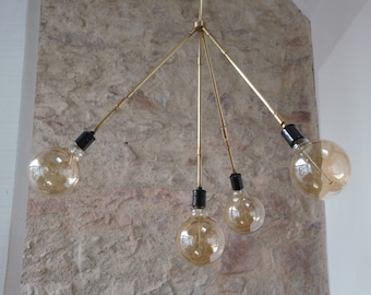 Light suspension, bulb chandelier, solid brass light fixture, sputnik chandelier, ceiling light, glassware lamp, 4-branch chandelier.