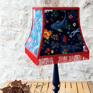 Pagoda lampshade &quot;the enchanted pond&quot; floral velvet Odile Bailleul and Thevenon linen.
