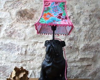 Figaro table lamp, English bulldog, Kaffe Fassett Hellebores fabric pagoda lampshade.