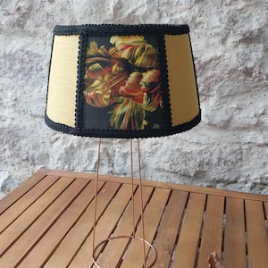 Double-sided linen and parrots wallpaper couture drum lampshade. Unique piece.