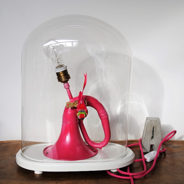 Lampe Klaxon Poire Rétro Rose Fuchsia, Lampe de Chevet enfant ou Bureau Steampunk Industrielle, Lampe sous globe Napoléon oiseau rose clipsé