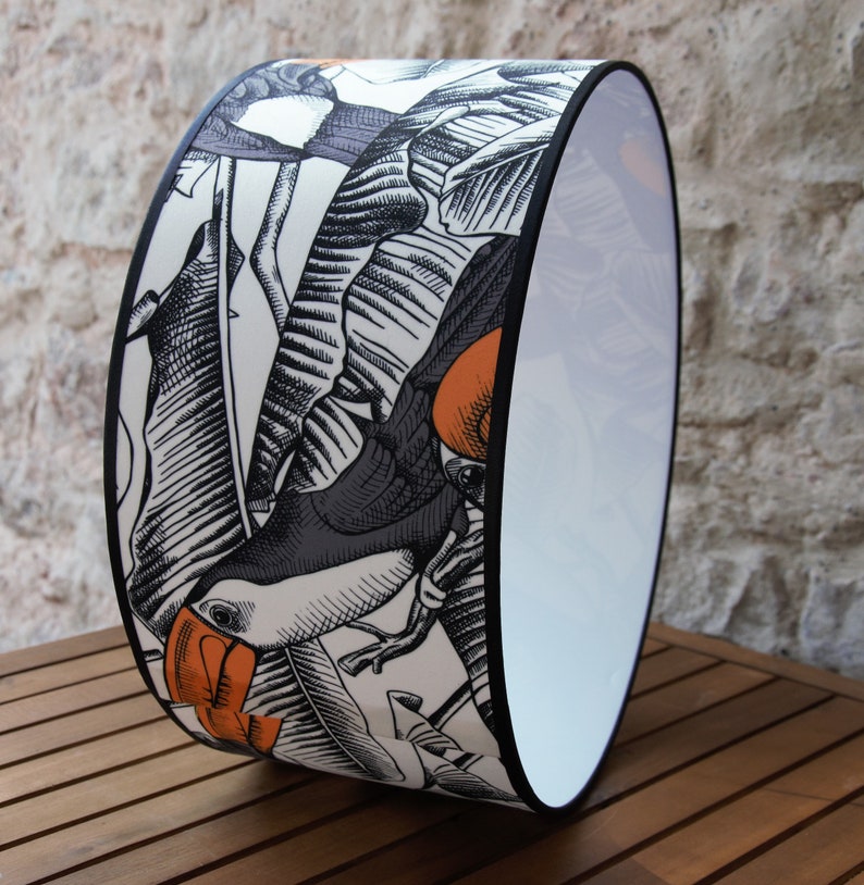 Children's velvet drum lampshade decorated with toucans on white polyphane, handmade velvet lampshade image 5
