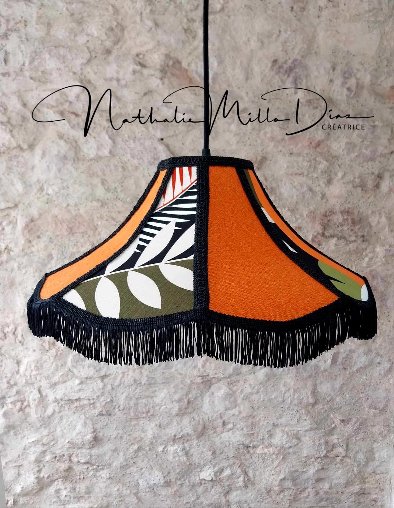 "Back to the Seventies" linen and floral cotton lampshade pendant. Unique piece.