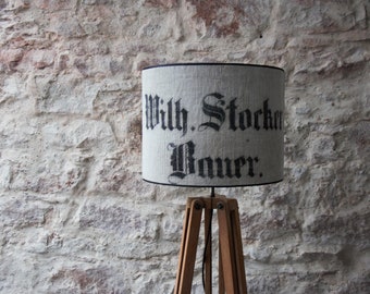 Beech tripod and hemp lampshade stamped old grain bag, wooden tripod, drum lampshade, nautical floor lamp.