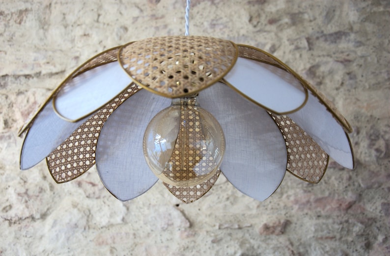 Nenufar double pendant light, washed linen and rattan. image 3