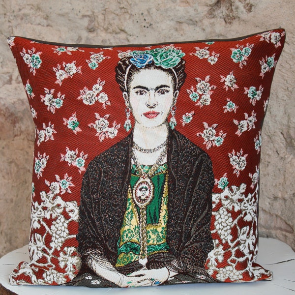 Coussin décoratif et stylé en jacquard français et lin lavé chocolat : Portrait de Frida Kalho, Coussin fait main