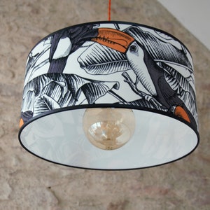 Children's velvet drum lampshade decorated with toucans on white polyphane, handmade velvet lampshade image 2