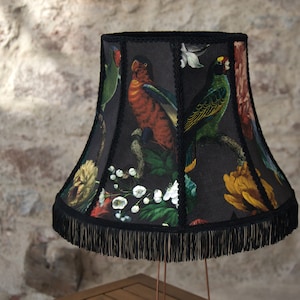 &quot;BIRDS IN SPRINGTIME&quot; conical pagoda lampshade, effinger wallpaper, black linen. Unique piece.