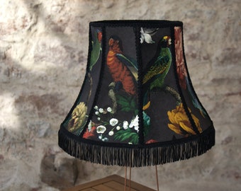 “BIRDS IN SPRINGTIME” conical pagoda lampshade, effinger wallpaper, black linen. Unique piece.