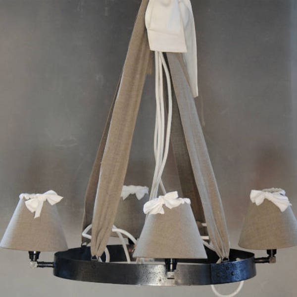 Suspension Luminaire Rustique pour Salon, Chandelier Romantique lin et métal Farmhouse Design, Lustre Suspension Chambre