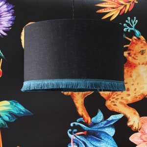 Budgies Black drum lampshade pendant light, insect and linen wallpaper. Unique piece.