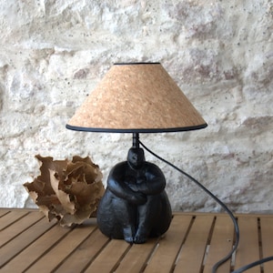 Cement sculpture table lamp, round woman, conical cork lampshade. Unique piece.