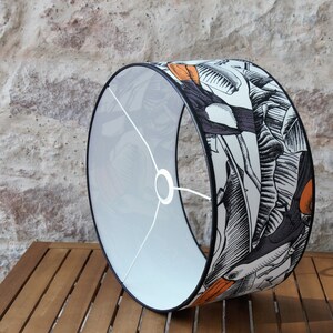 Children's velvet drum lampshade decorated with toucans on white polyphane, handmade velvet lampshade image 4