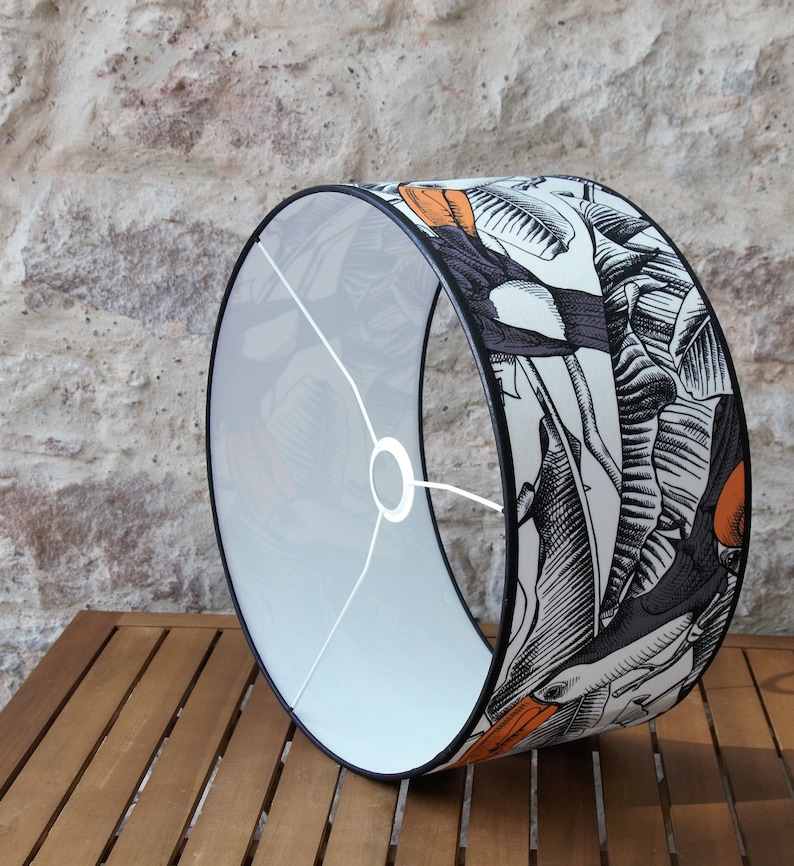 Children's velvet drum lampshade decorated with toucans on white polyphane, handmade velvet lampshade image 4