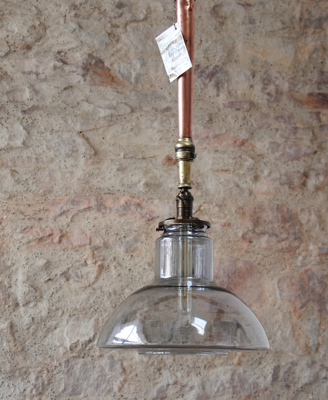 Old Copper Fire Lamp Pendant Light, Glass Lampshade. Unique Piece Etsy UK