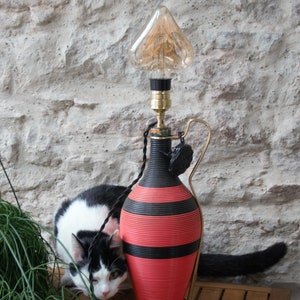 Unique vintage table lamp, Dame Jeanne type table lamp covered with layers of scoubidous, love led bulb table lamp