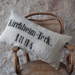 Decorative cushion hemp grain sack old stamped Kirchheim Teck 1894. Unique piece.