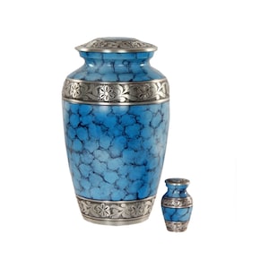 Ocean Blue Fire Classic Cremation Urn for Ashes, Adult Funeral Urn, Blue Keepsake, Free Bag
