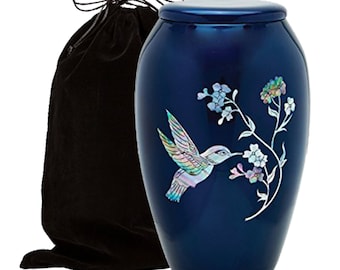 Adult Mother of Pearl Hummingbird Urn for Human Ashes with Velvet bag