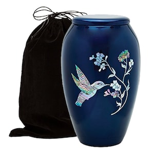 Adult Mother of Pearl Hummingbird Urn for Human Ashes with Velvet bag (select color)