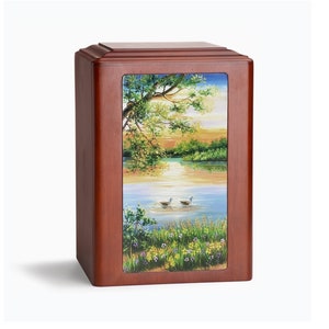 Peaceful Lake Sunset Wooden Urn,  Adult Wood Urn for Human Ashes