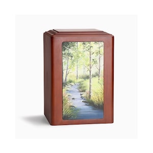 Forest Stream Wooden Adult Urn,  Adult Wood Urn for Human Ashes