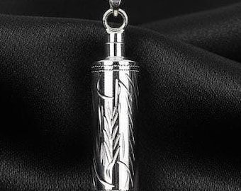 Etched Cylinder Memorial Pendant Necklace - Sterling Silver Keepsake Jewelry for Ashes or Hair