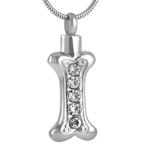 Jeweled Diamond Bone Stainless Steel Personalized Cremation Pendant- Memorial Keepsake Necklace with Free 21&quot; Chain