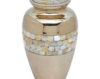 Mother of Pearl Cremation Urn in Gold Brass & Pearl