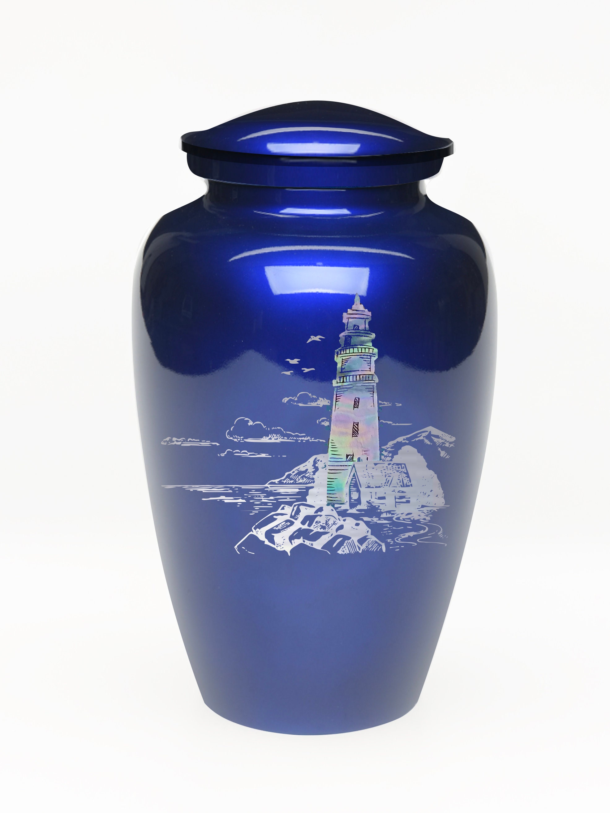 Elegant Blue Mother of Pearl Lighthouse Adult Urn for Ashes 