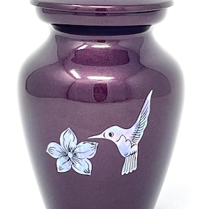 Small Maroon Hummingbird & Flower Cremation Urn with Mother of Pearl Accent – 10 cu. in. Capacity | Limited Edition Memorial Keepsake