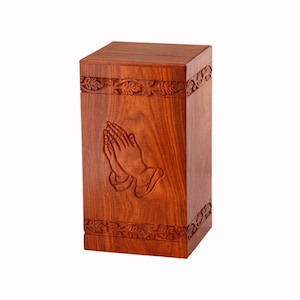 Engraved Praying Hands Wooden Urn for Ashes, Adult Cremation Urn for Human Ashes