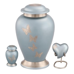 Sky Blue Butterfly Solid Brass Urn for Ashes - Adult Urn, Keepsake Heart and Keepsake Urn Sizes Available with Optional Custom Engraving