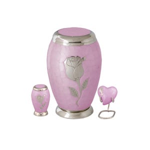 Pink Floral Design Cremation Urn – Solid Brass Memorial Urn with Matching Keepsake Options