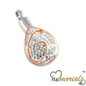 Gold Swirl with Diamonds Drop Stainless Steel Personalized Cremation Pendant- Memorial Keepsake Necklace with Free 21&quot; Chain