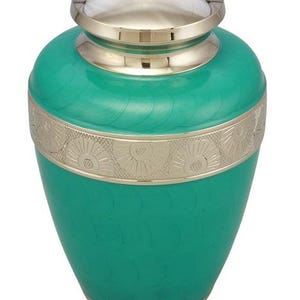 Classic Avalon Cremation Urn with Silver Sunflower Bands (Teal)