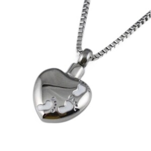 Footprints on Heart Stainless Steel Personalized Cremation Pendant- Memorial Keepsake Necklace with Free 21&quot; Chain