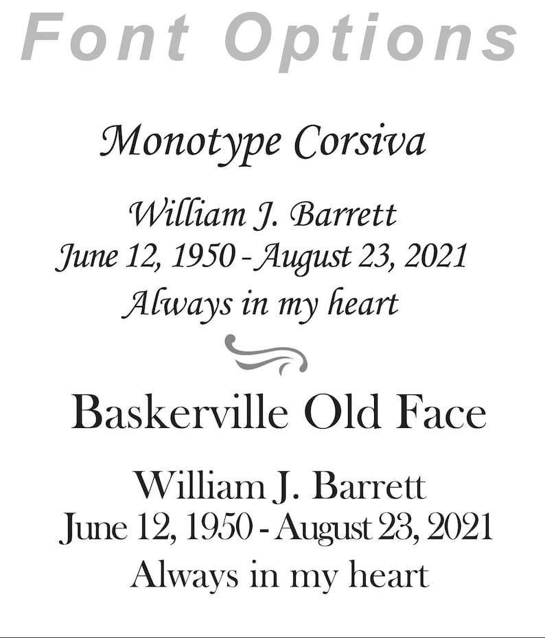 May include: A white background displays text in two different font styles: Monotype Corsiva and Baskerville Old Face. Each font presents the name "William J. Barrett" with birth and death dates, and the phrase "Always in my heart."