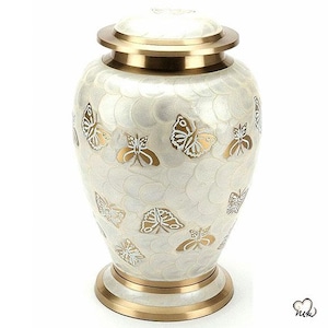 Pearl and Gold Butterfly Brass Cremation Urn & Matching Keepsake – Elegant Tribute Urn in Solid Brass
