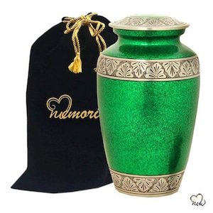 Royal Green Classic Alloy Cremation Urn, Adult Funeral Urn, Green Keepsake, Free Bag