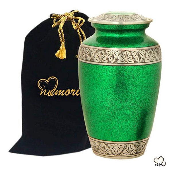 Royal Green Classic Alloy Cremation Urn, Adult Funeral Urn, Green Keepsake, Free Bag