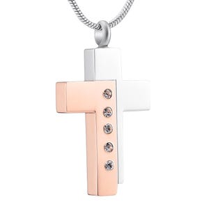 Silver & Rose Gold Diamond Cross Stainless Steel Personalized Cremation Pendant- Memorial Keepsake Necklace with Free 21&quot; Chain