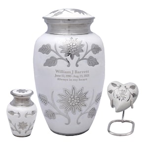 Elegant White Cremation Urn with Hand-Detailed Silver Sunflower Design