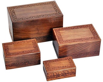 Wooden Cremation Urn with Solid Rosewood Border Carved Design